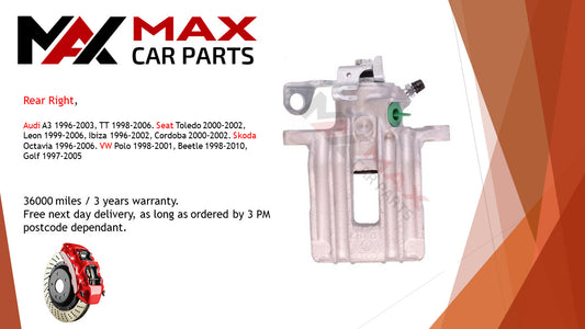 Fits Audi A3 1996-03, TT 1998-06. Seat Toledo 2000-2 Brake Caliper Rear Right